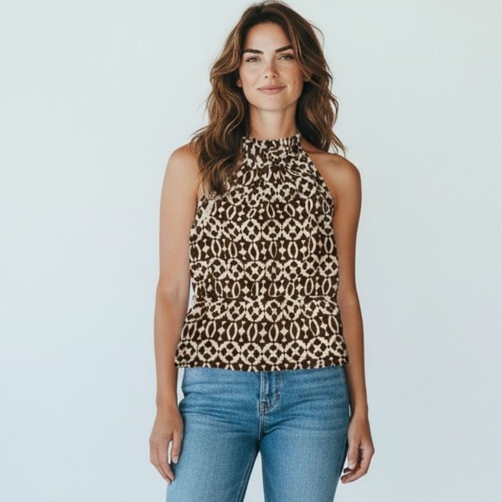 Tory Burch Brown and White Geometric Blouse